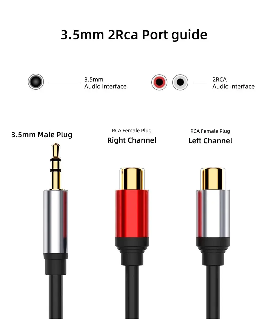 Pozłacana wtyczka gniazdo stereofoniczny kabel Audio 3.5mm męskie do 2RCA żeński Adapter Audio, kompatybilne z głośniki Stereo