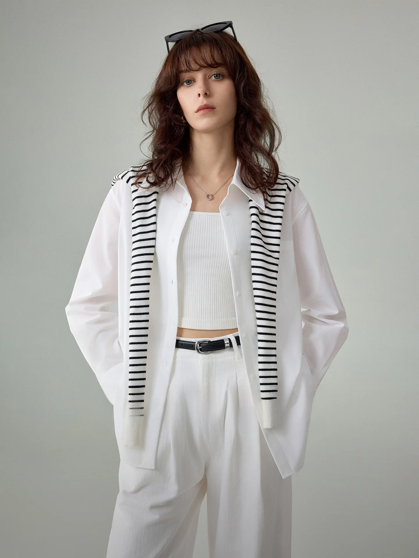 

Aoka White Long Sleeve Business Shirt for Women Spring Summer New Style Commute Interview Formal Cotton Polyester Blend Shirt