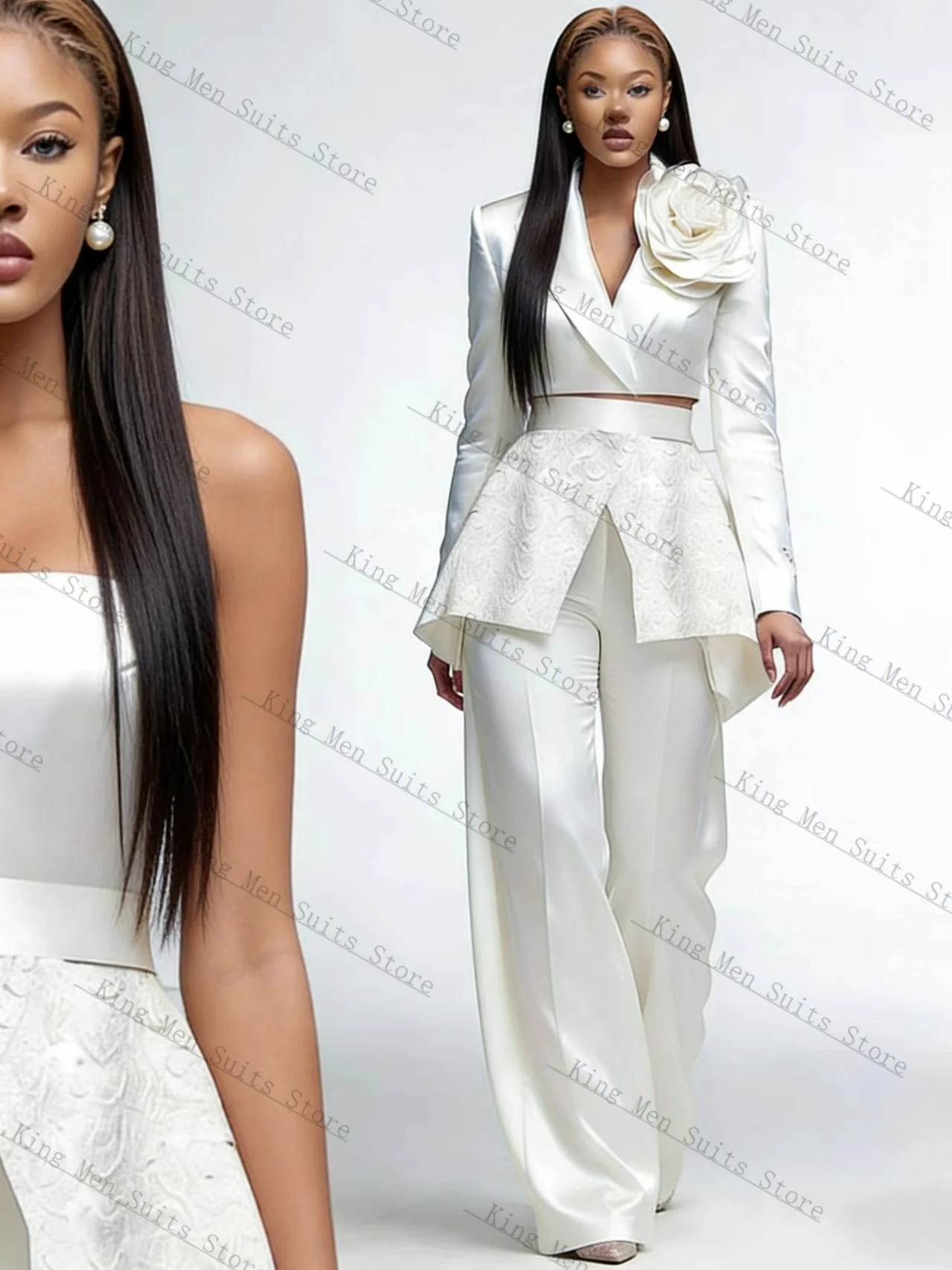 

White Satin Women Suit Set 2 Pcs Short Blazer+Pants Trousers 3D Flower Customized Formal Office Lady Wedding Tuxedos Coat Jacket