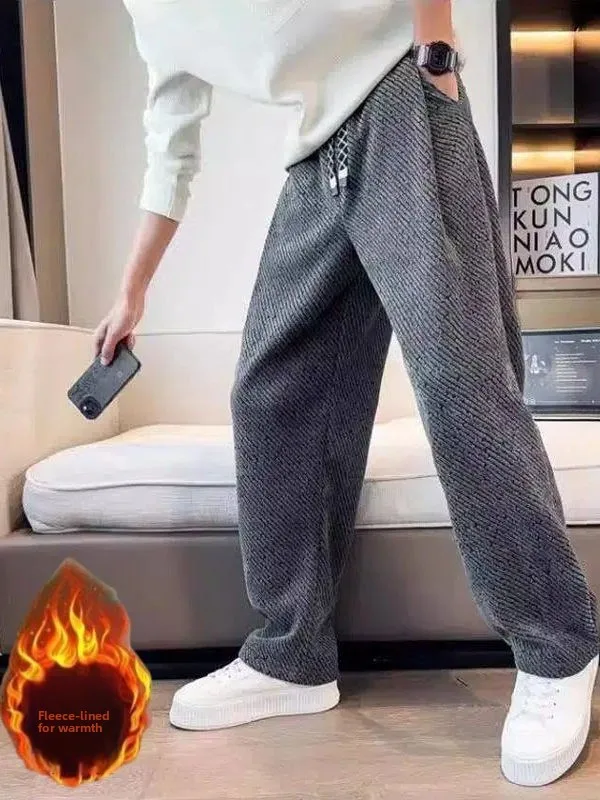 بنطلون رجالي على الطراز الأمريكي سميك للخريف والشتاء، بنطلون رياضي كاجوال مستقيم الساق مخطط للشباب