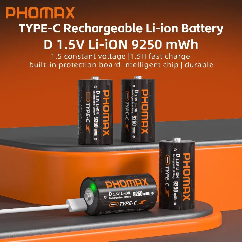 

PHOMAX D Size Rechargeable Li-ion Battery Cylindrical D Cell Lithium Battery for Mobile Phones Cameras Household Use