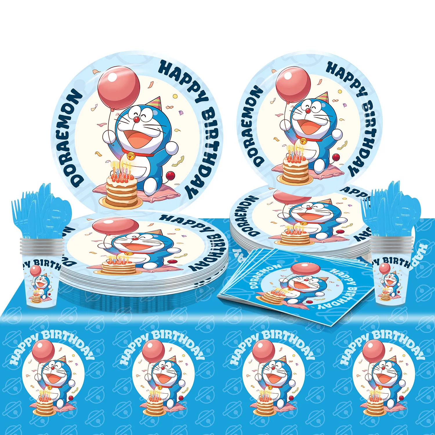 Cartoon Doraemon Style Birthday Party Supplies Set Banner Balloons Backdrop Tableware Kit for Blue Cat Themed Party Decorations - view 5