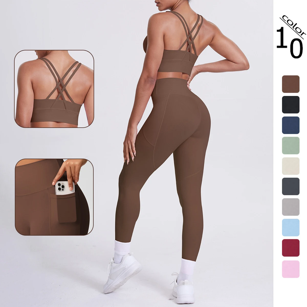 Hamidou Women Sports Yoga Set Quick Drying Peach Buttocks Yoga Pants with Pockets Running Cycling Beautiful Back Cross Bra Set