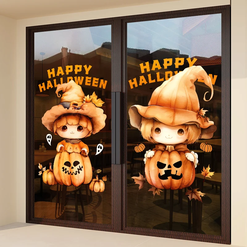 Halloween Pumpkin Lamp Tags Decorate Showcase Glass Door Tags Atmosphere Stage Set Cartoon Paster Ambiance Halloween Decorations