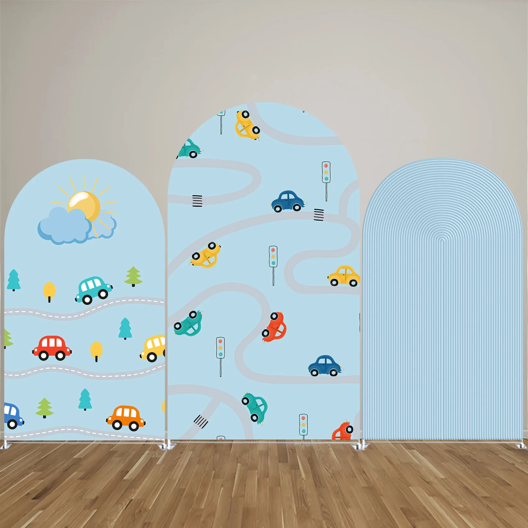 Blue Cartoon Cute Vehicle Arch Backdrop Cover for Traffic Birthday Party Decoration,Double-sides-Elasticity-Washable