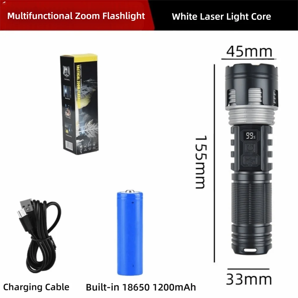 

Type-c Rechargeable Powerful LED Flashlight with Digital Display COB Side Light Zoom Torch Camping Lantern Camping Hiking