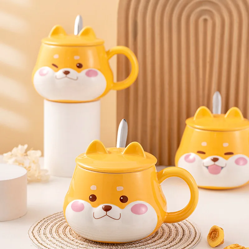 Creative Shiba Inu Ceramic Mug with Lid Cute Household Breakfast Mugs Office Coffee Cup with Lid Couple Water Cups Drinkware