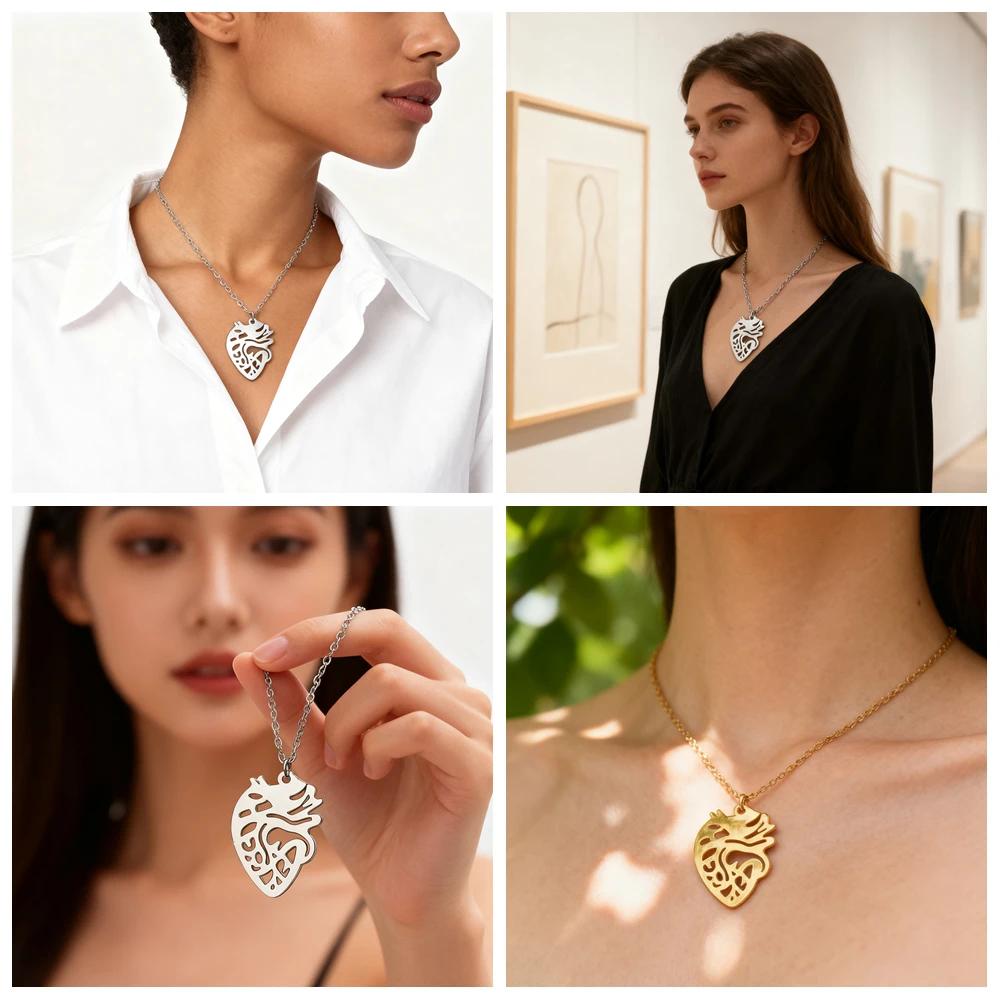 Stainless Steel Hollow Heart Necklace Medical Anatomy Cardiology Pendant Neck Chain Punk Jewelry Never Fade Gifts