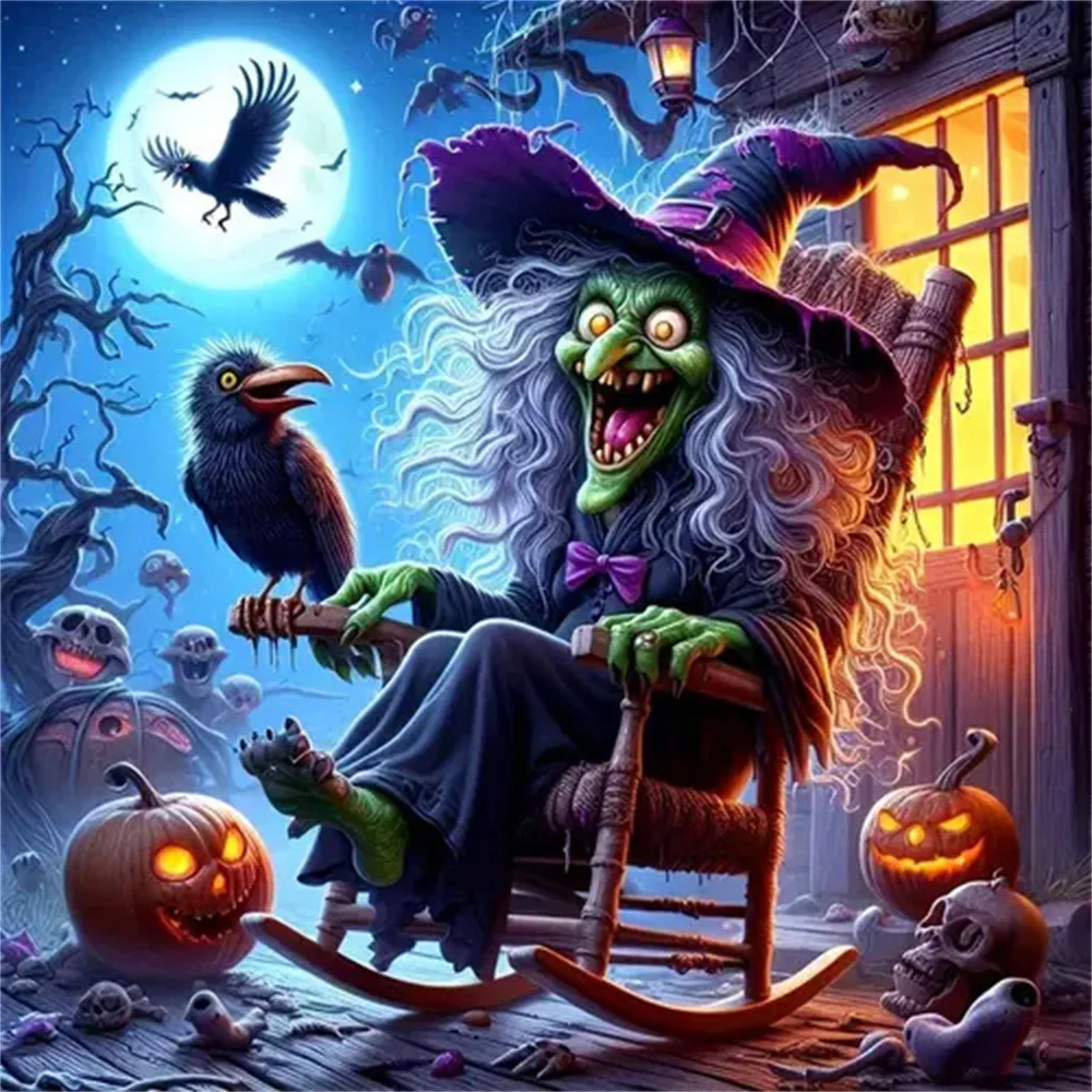Hexe Krähe Diamant Malerei voller quadratischer runder Diamant Mosaik Kürbis Halloween Festival Bastelset
