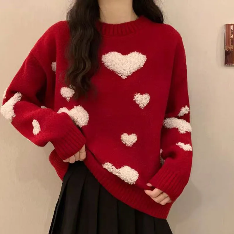 Sueters De Mujer Rot Langarm Gestrickte Pullover Frauen Pullover Neue Oansatz Liebe Stricken Pullover Pullover Frauen Tops Pullover Q2098