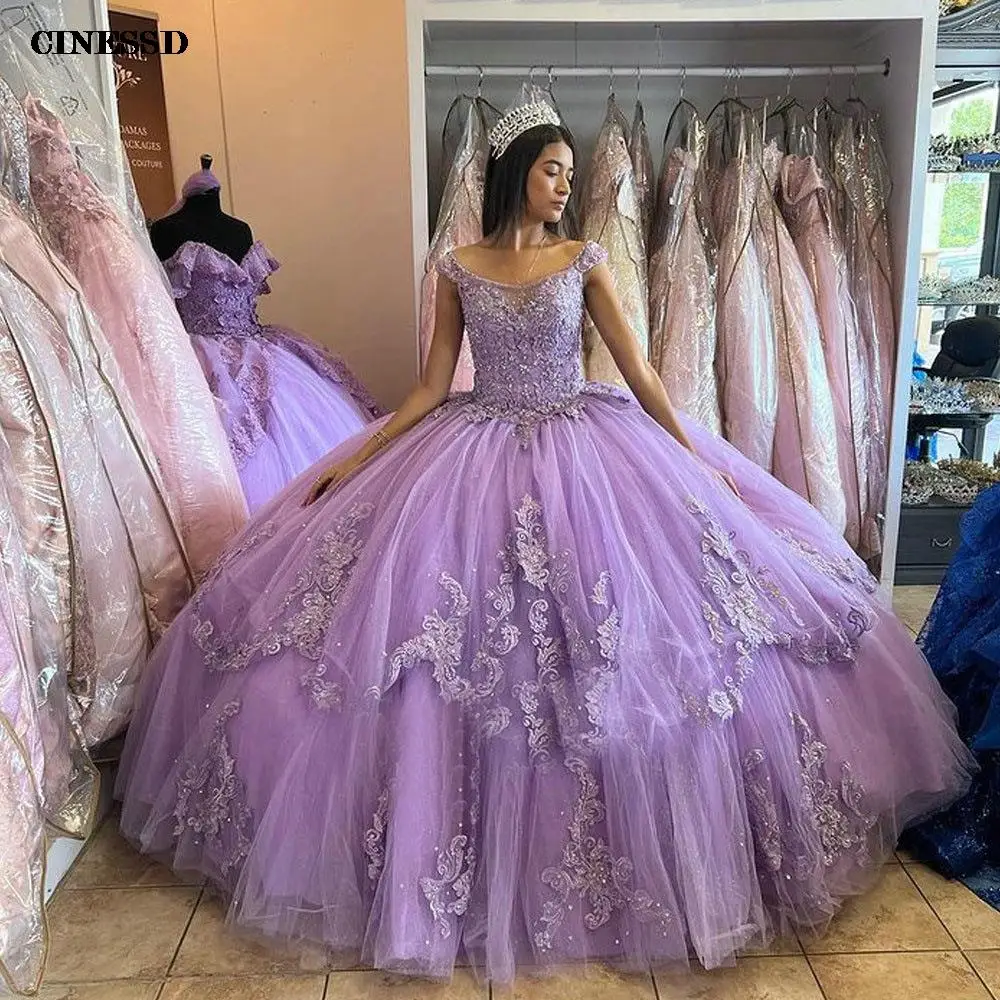 أرجواني الكريستال الديكور ثوب الكرة ، تنورة طبقات ، اللباس Quinceanera ، يزين الدانتيل ، قبالة الكتف ، 15 عاما