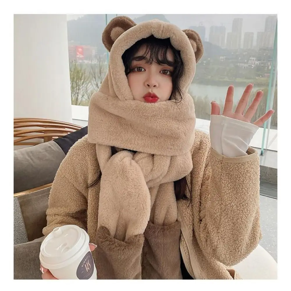 New Cartoon Bears Ears Hat Windproof Warm Winter Hooded Scarf Soft Hat Scarf Gloves Set Women