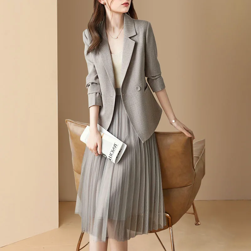 

New High Quality Fashion Blazer Two Piece Set Women Laple Long Sleeve Jacket + Elastic Waist Pleated Midi Mesh Skirt Suit