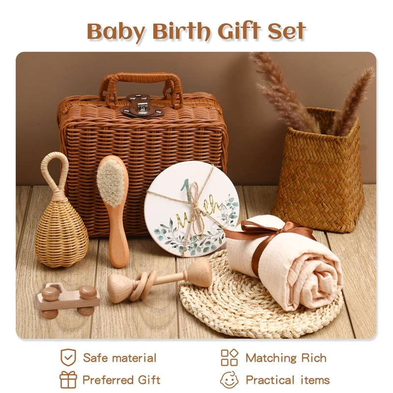 Baby Birth Gift Set Gift Box  Cane Gift Box  Wooden Milestone  Silicone Toy  Baby Pacifier  Crochet Bell Ringing  Delicate Gift