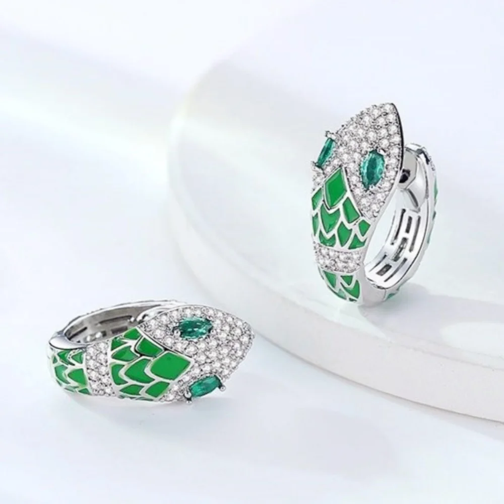 

925 Sterling Sliver Snake Earrings Women Trendy Elegant Sparkling Green Zircon Snake Custom Hoop Earrings Fashion Jewelry