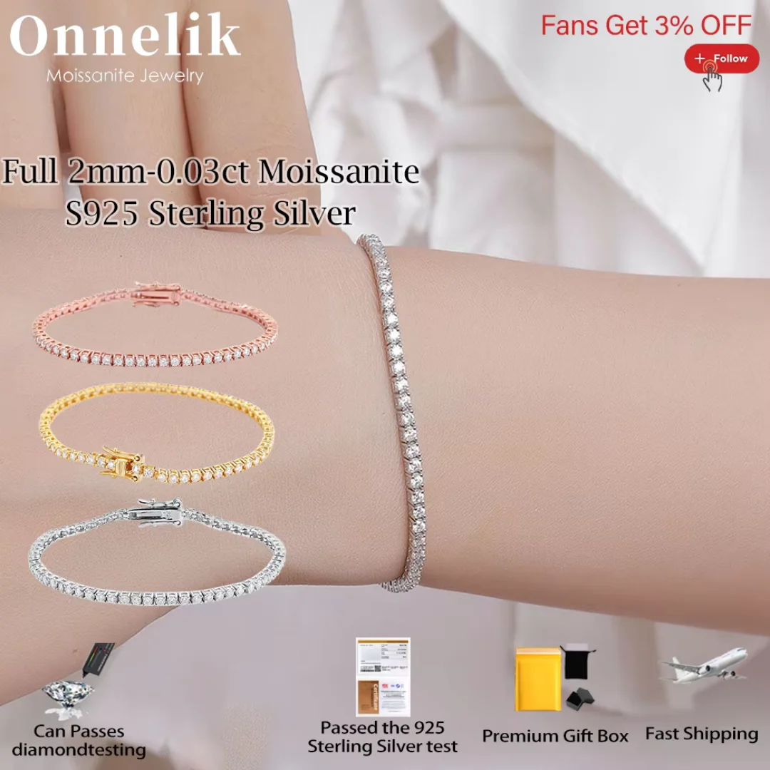 

Onnelik Full 2mm/0.03ct Moissanite Tennis Bracelet for Women Men S925 Sterling Silver Plated 18K Wedding Engagement Fine Jewelry