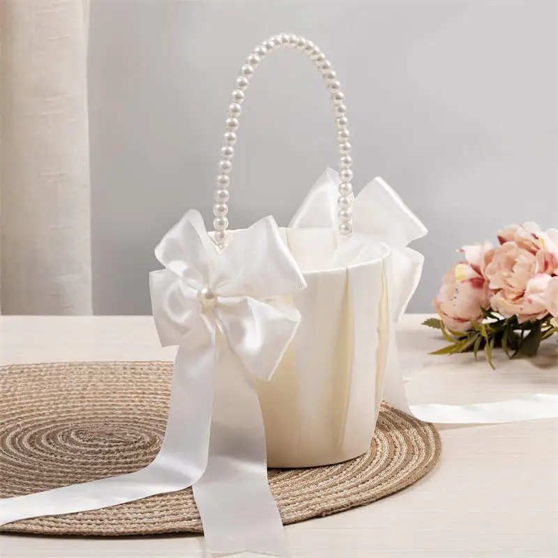 Wedding Flower Basket White Satin Pearl Bowknot Wedding Scattering Flower Basket Foldable Flower Women Pearl Handle Baskets image 3