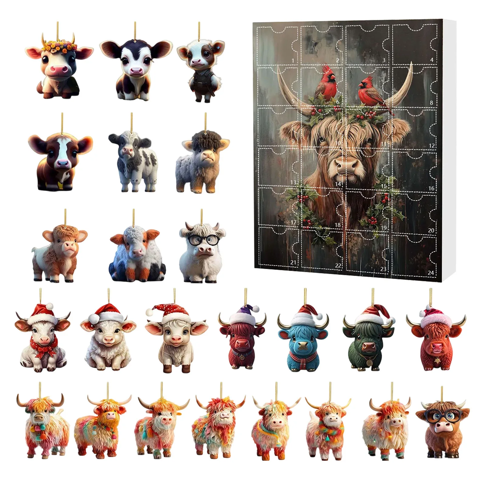 Bonecas de ação highland vaca calendário do advento 2025 contagem regressiva do feriado 2d gado decoração de natal ornamento 24 peças caixa cega