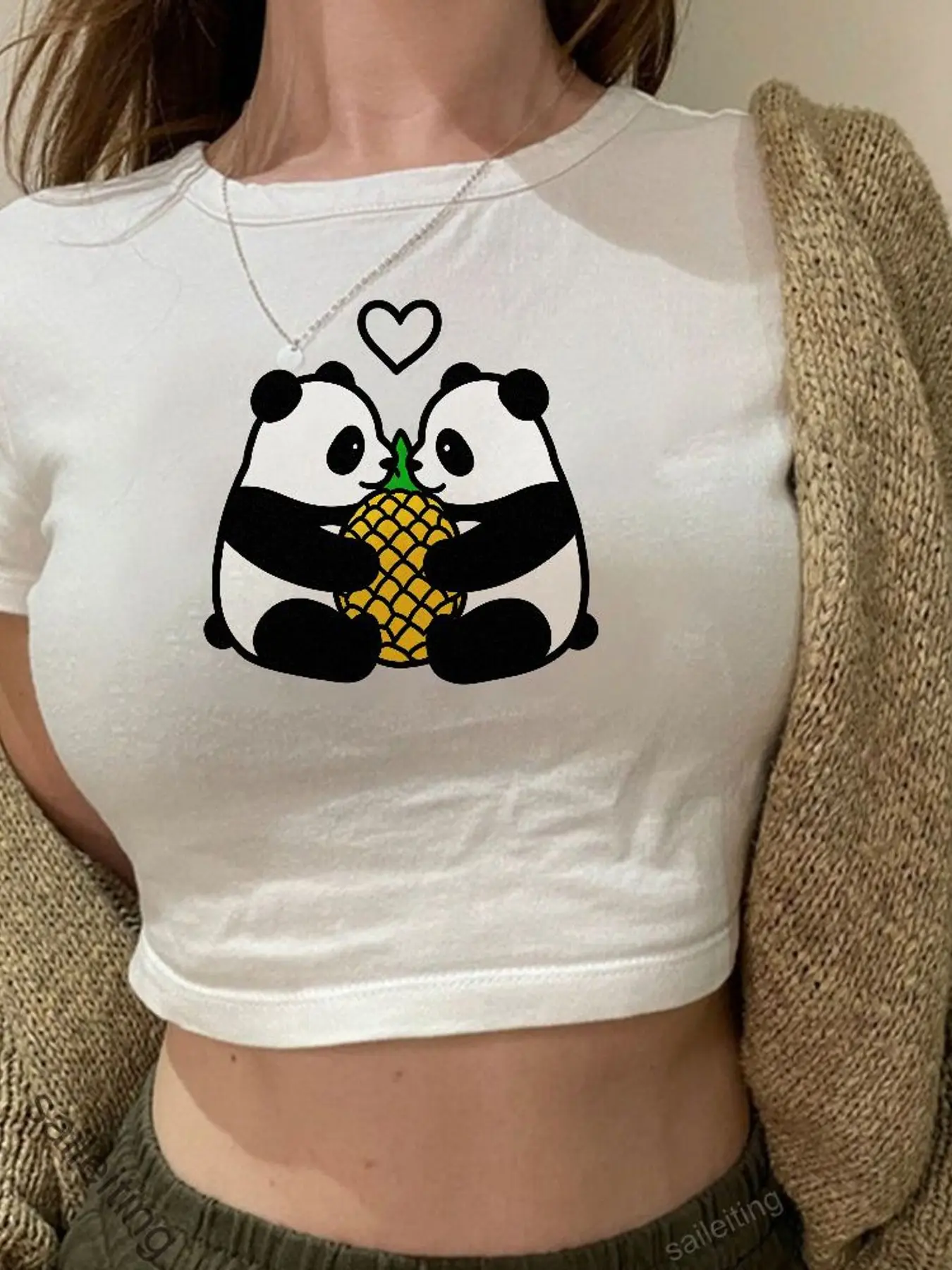 Women's Black Short Sleeve Crop Top with Cute Panda Sharing Pineapple Print Harajuku Street Style Casual Tee