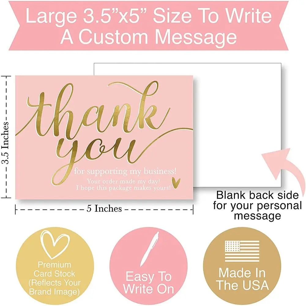 50 Uds. Tarjetas de felicitación de agradecimiento de color rosa, diseño de lámina dorada sincero, tarjetas de gratitud comerciales, mensaje Personal pequeño