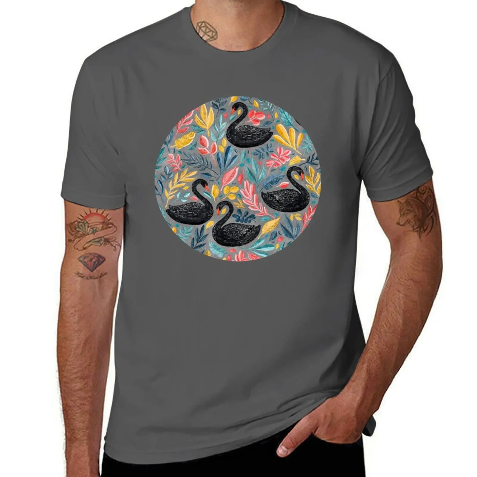

Bonny Black Swans with Lots of Leaves on Grey T-Shirt Halloween Theme T-Shirt