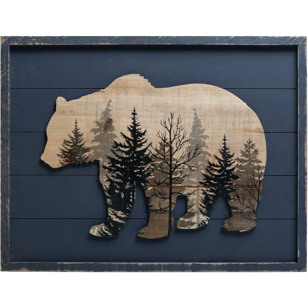 

Cute Bear in The Forest Decorative Wood Framed Wall Art Prints Cabin Decor, 21" x 16"