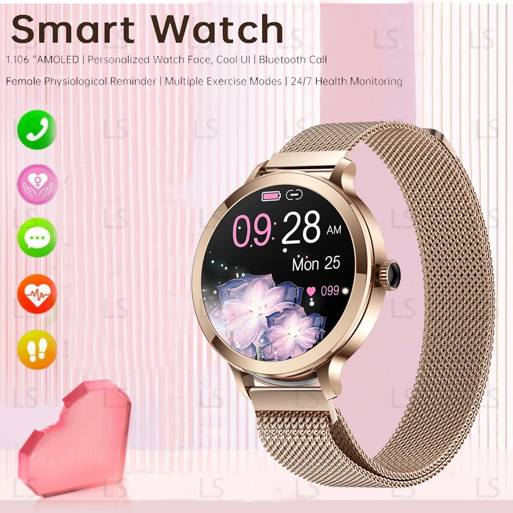 

2024Women's Smart Watch Health Heart Rate Blood Oxygen Sleep Monitoring Multi functional Smart Watch 1.106 AMOLED Bluetooth Call