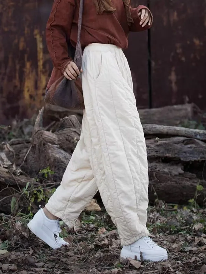 Thiened Cotton Linen Casual Pants Women's Winter New Sle Zen Tai Chi Pants Warm Elastic Waist Long Pants High Waist