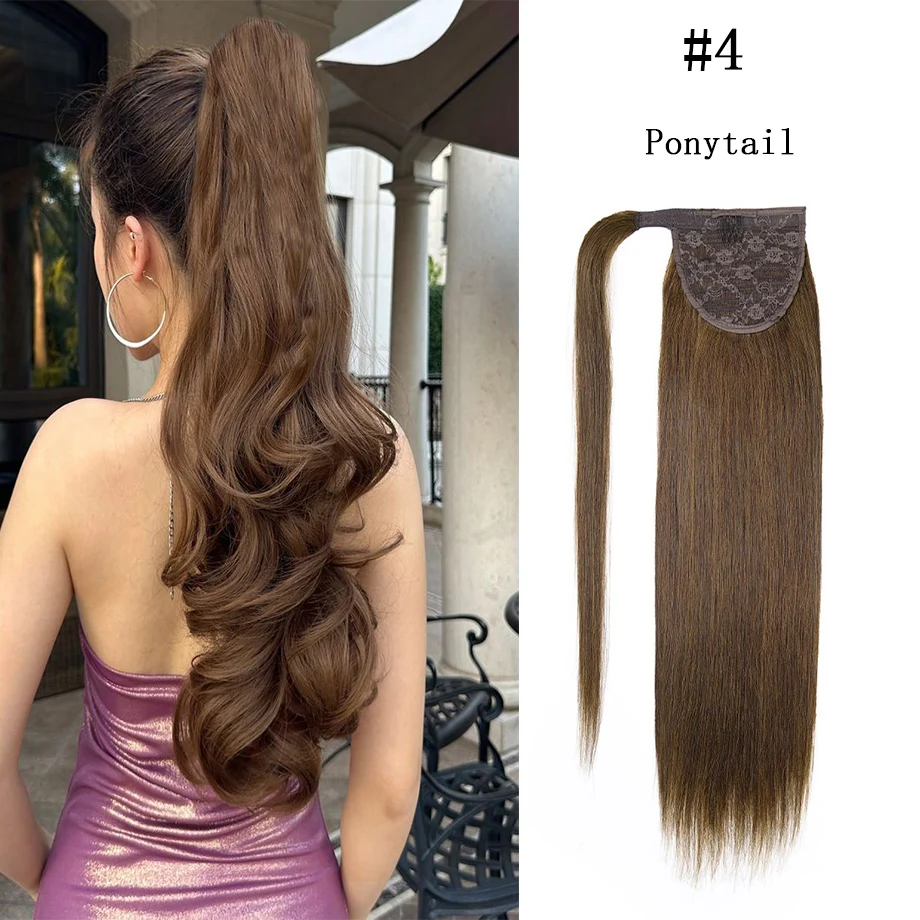 

Human Hair Ponytail Extensions Magic Paste Invisible Ponytails Wrap Around Soft 100% Straight Ponytail Extensions With Clip In