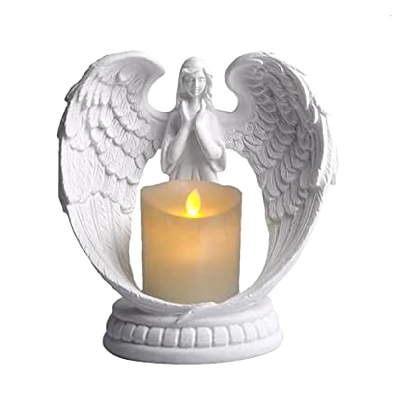 1Set Starry White Angel Wing Praying Sandstone Statue Angel Figurine Prayer Home Decoration Memorial LED Candle Holder White