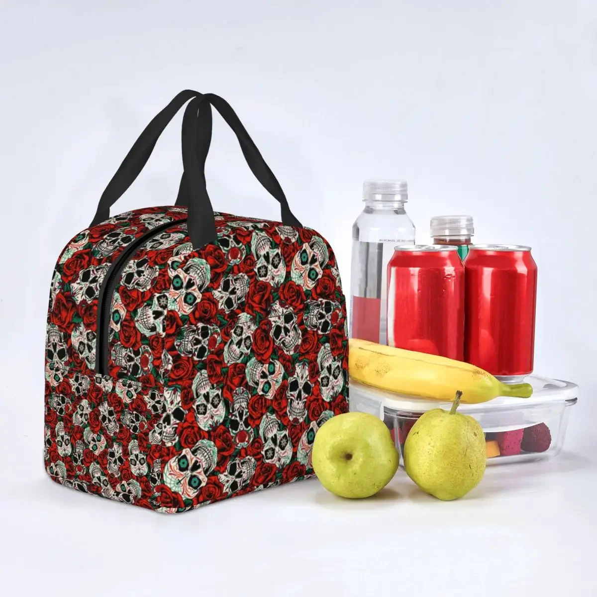 Sugar Skull And Roses Flowers borsa termica per il pranzo per le donne Design gotico Cooler Thermal Bento Box viaggi in campeggio all'aperto