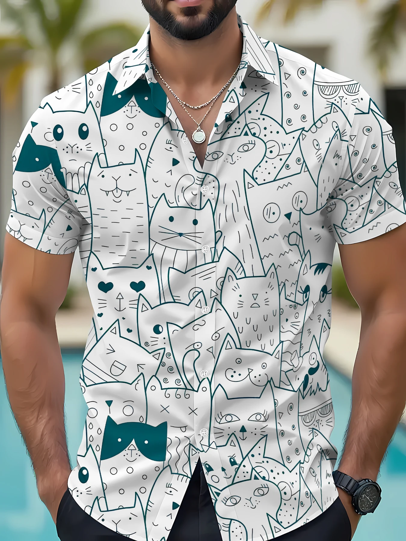2026 Summer New Style Men's Short-Sleeved Shirt with 3D Cat Pattern Print for Street Casual Fashion Comfortable and Soft
