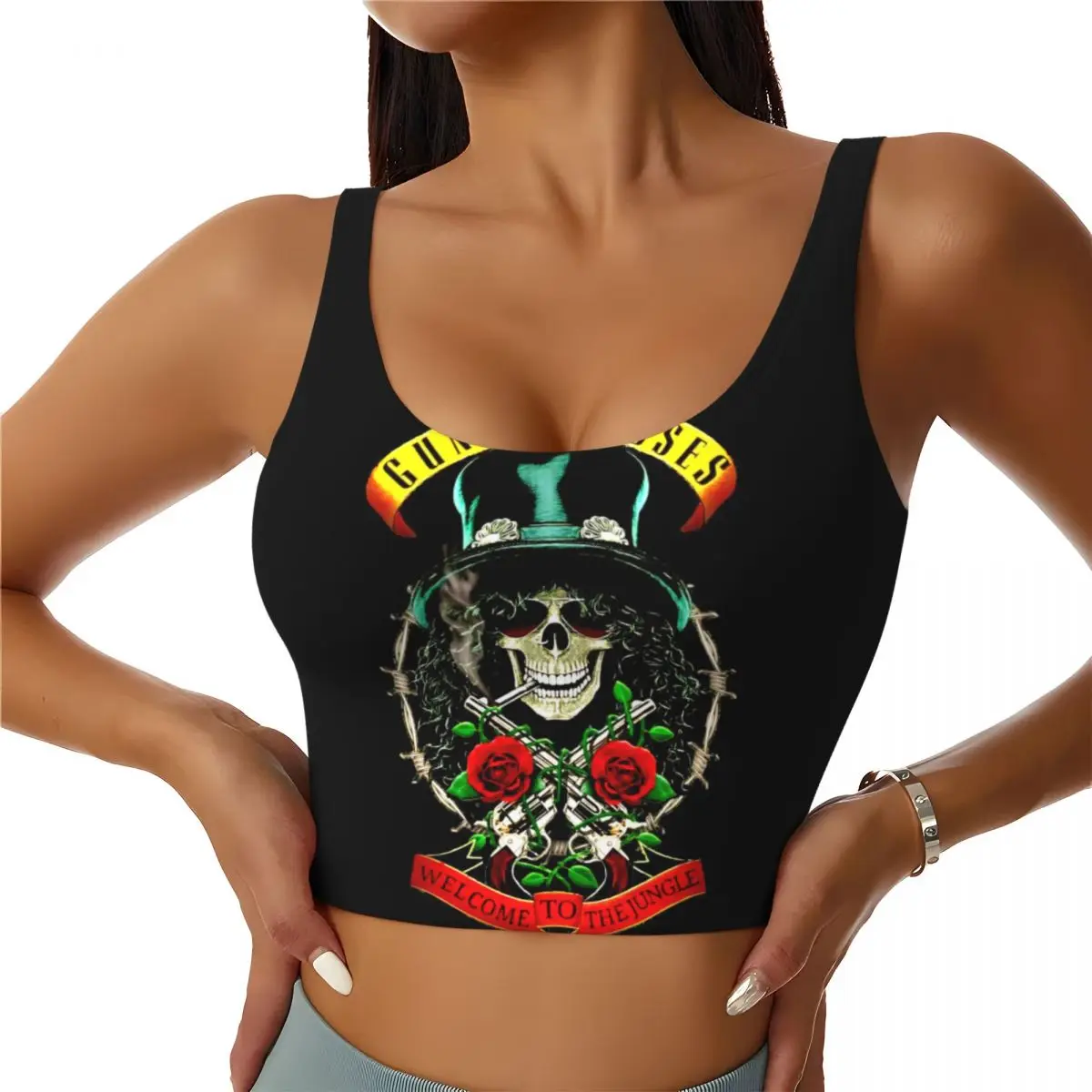 Custom Women's Heavy Metal Rock Music Band Guns N Rose Sports Bras High Impact Gym Workout Yoga Crop Tank Tops