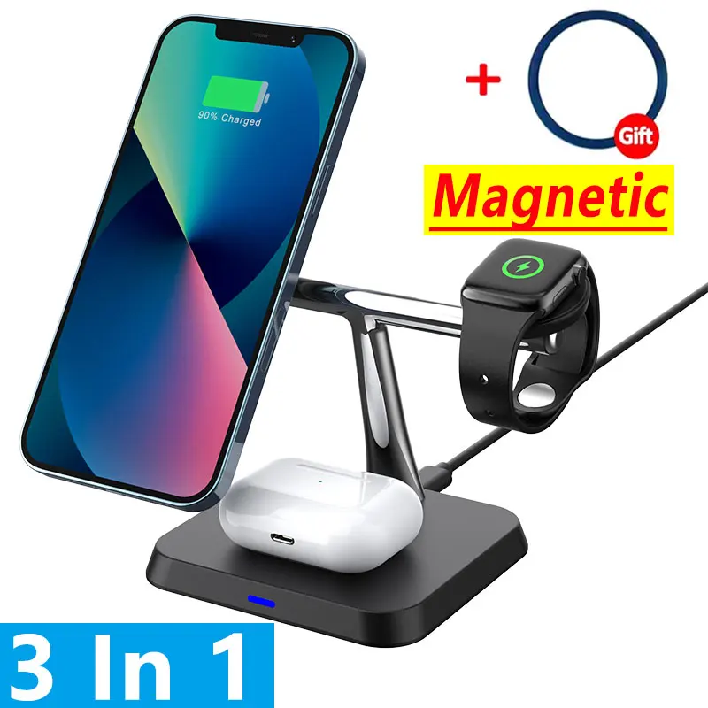 30W 3 in 1 Magnetic Wireless Charger Stand Macsafe For iPhone 15 14 13 12 Pro Max Airpods Pro Apple Watch Fast Charging Station