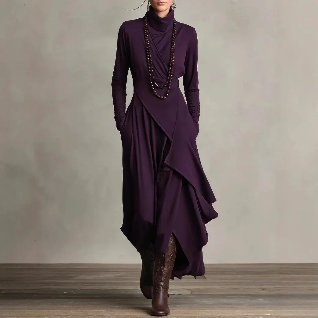 Vintage Irregular Cross Dress for Women Long Sleeve Solid Turtleneck Simple Fashion Casual Spring Holiday Long Dresses