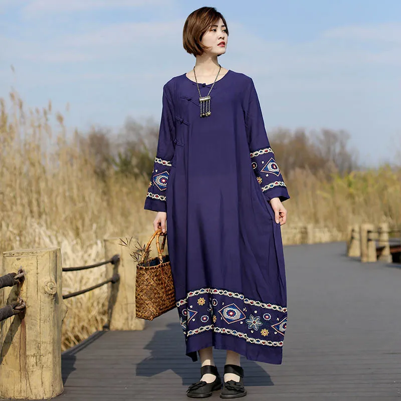 Ethnic Wind Cotton Linen Embroidery Round Neck Pullover Robe Womens Autumn Dress Loose Simple Elegant Leisure Long-Sleeved Dress