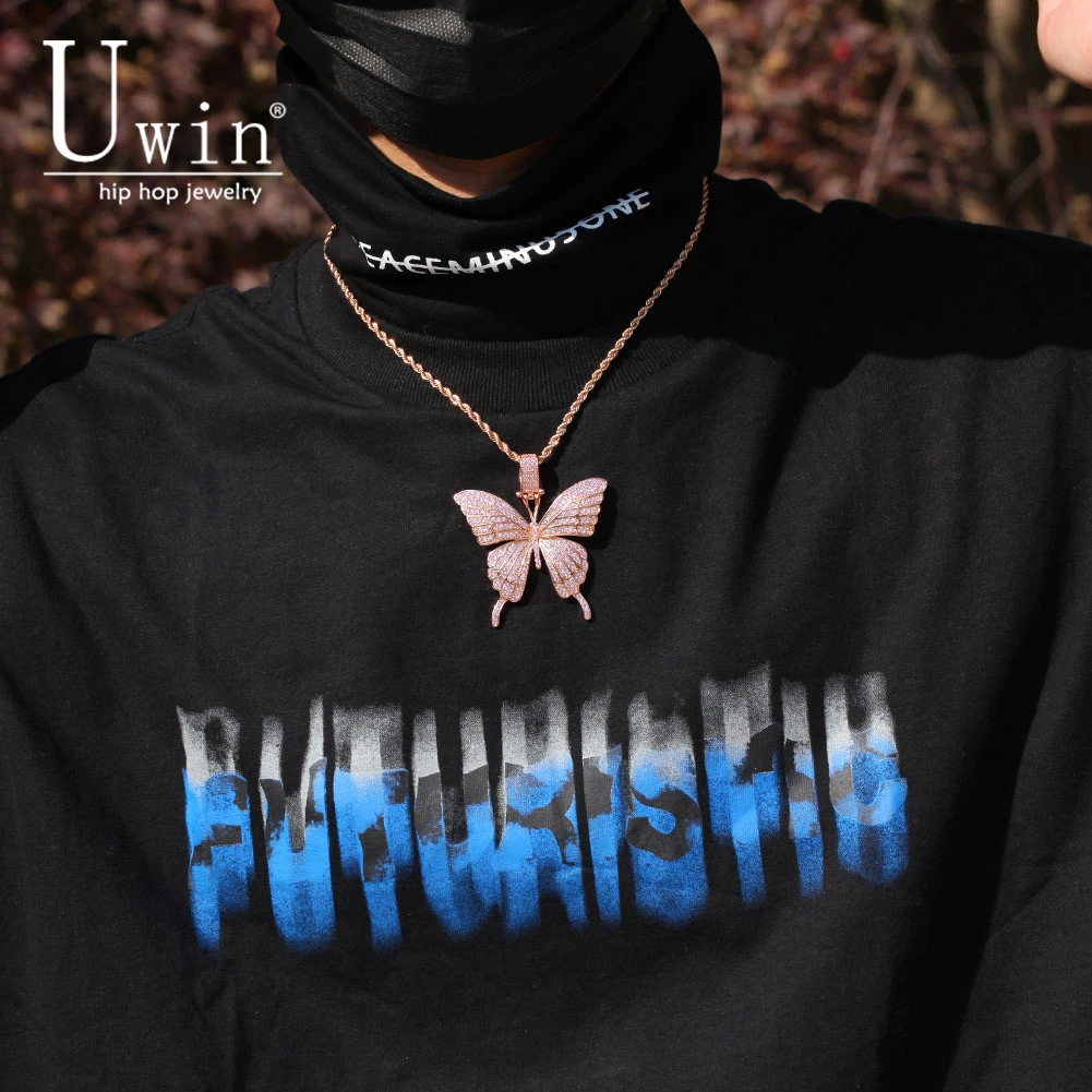 Uwin Butterfly Pendant Iconic 9mm Gold Color Cuban Chain Cubic Charm Pink Tennis Chain Necklace Men Women Hip Hop Jewelry Gift 