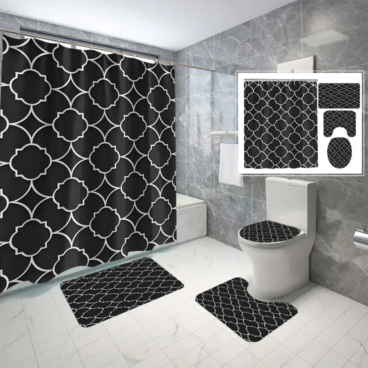 

4pc Black and white geometric pattern bathroom set including shower curtain U-shaped floor mat nonslip mat and toilet seat cover