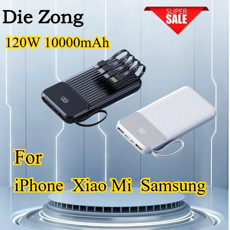 

New120W 10000mAh Portable Power Bank Fast Charging For iPhone For Xiaomi For Samsung With USB Type C/Micro USB/Lightning