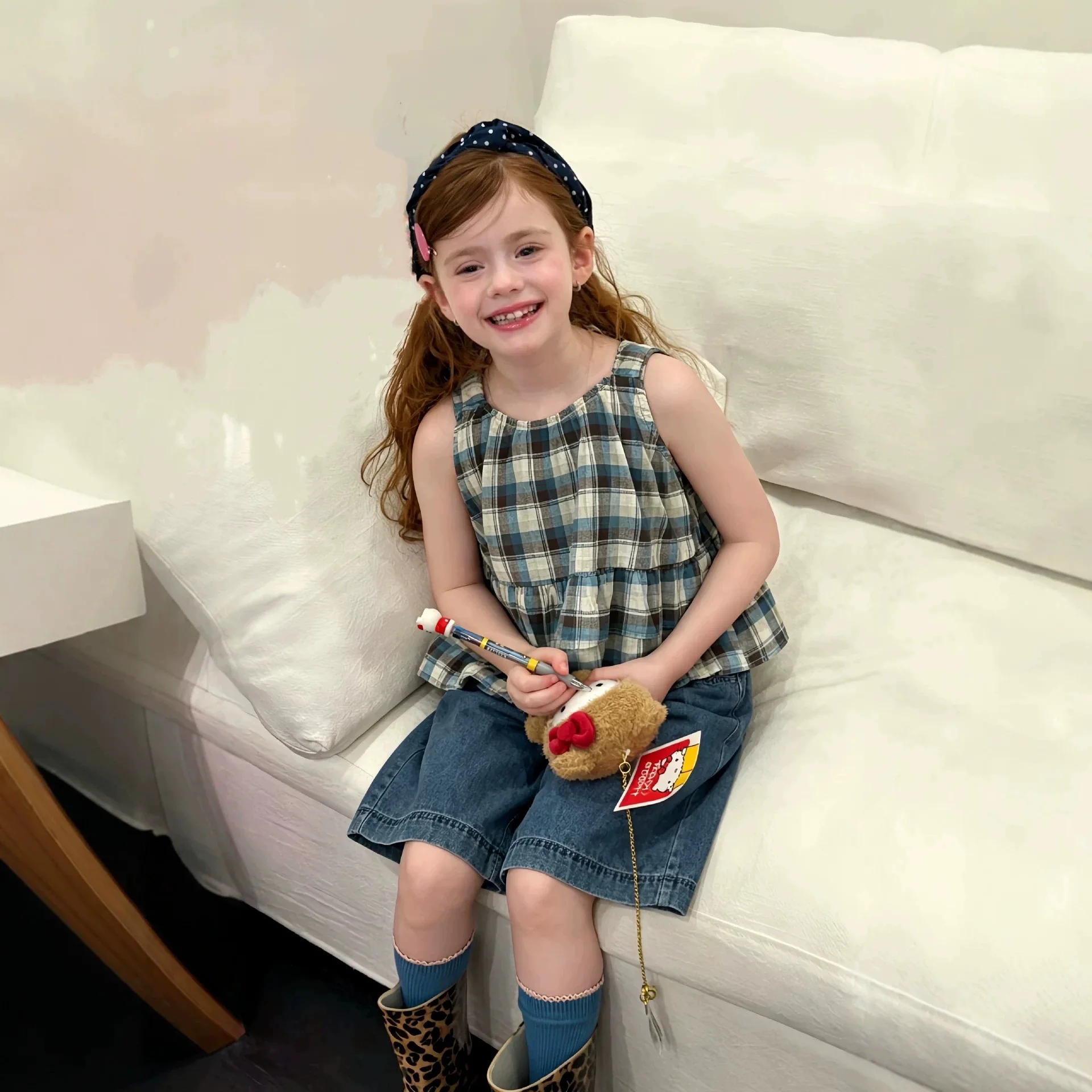 Girls Plaid Suspender Set Summer New Children Denim Shorts Baby Fresh and Breathable Girl Two-piece Set Trendy