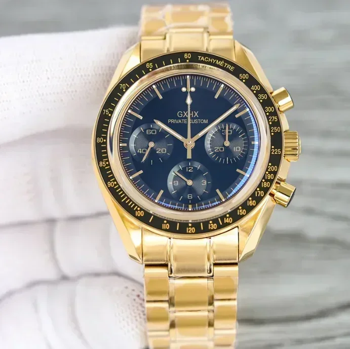 ساعة كوارتز كرونوغراف VK63 فاخرة للرجال من الفولاذ المقاوم للصدأ باللون الذهبي الوردي والجلد باللون الأخضر