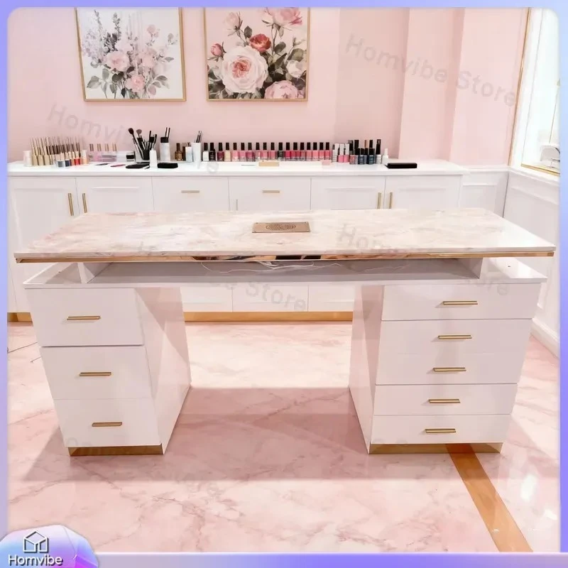 Marble Countertop Manicure Table with Built-in Vacuum Cleaner Drawers and MDF Frame Custom Size Salon Furniture Nail Station