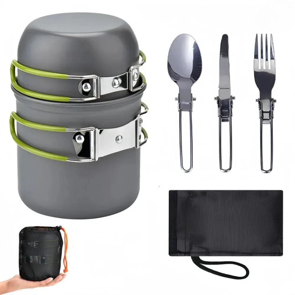 Portable Cookware Camping Cooking Set Outdoor Nodised Aluminum Non-stick Pot Bowl with Spoon Knife Fork Tool Equipment Supplies