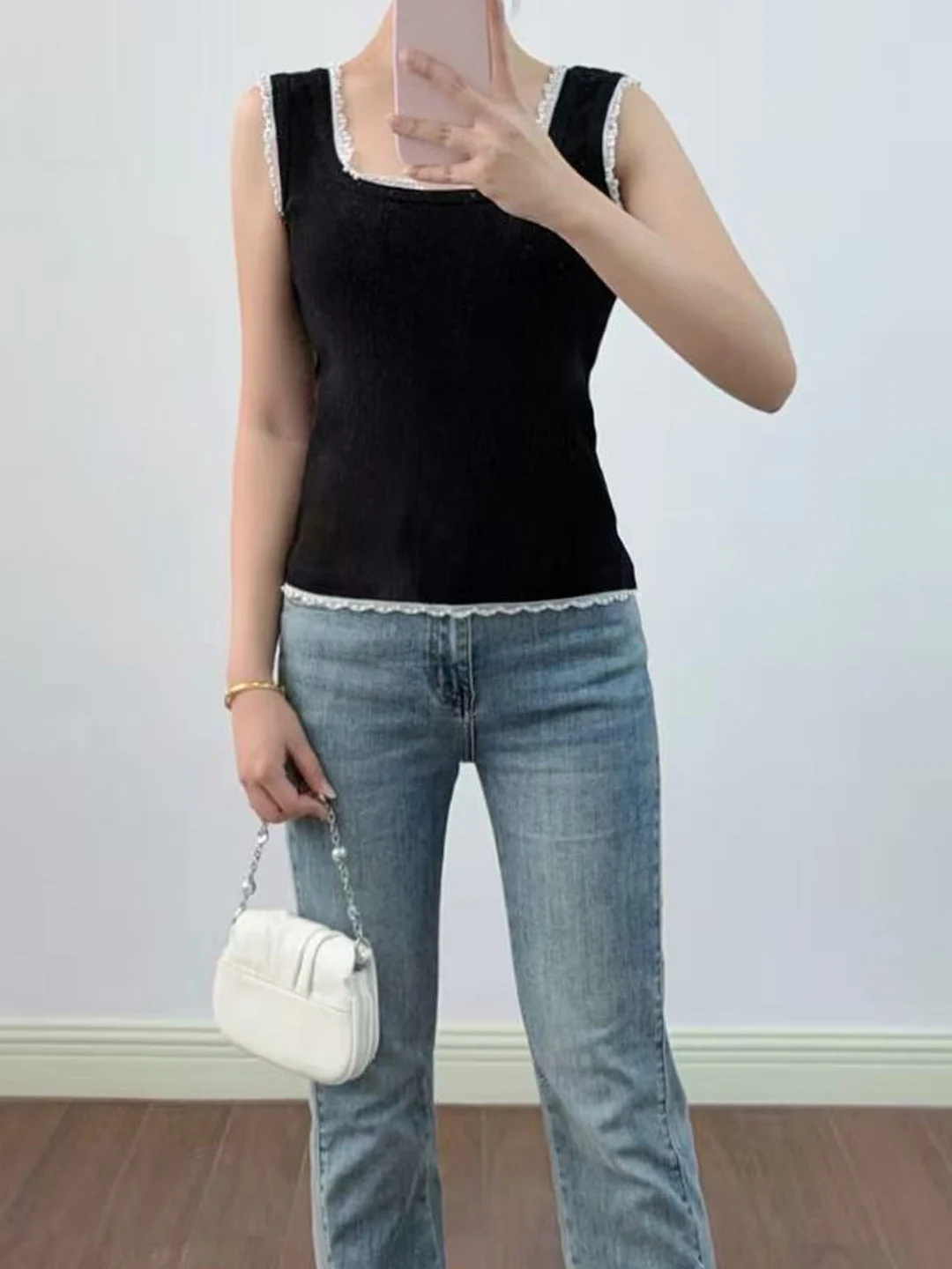 

Женский топ Ele Pearl Lace с кружевом, вязаный, облегающий, черно-белый, контрастный, без бретелек, с круглым вырезом, короткий рукав