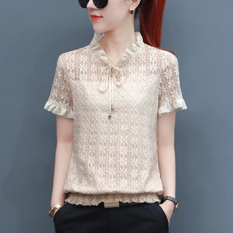 Elegant Lace Spliced Shirring Lace Up Bow Ruffles Blouse Female Clothing 2023 New Casual Pullovers Tops Office Lady Shirt