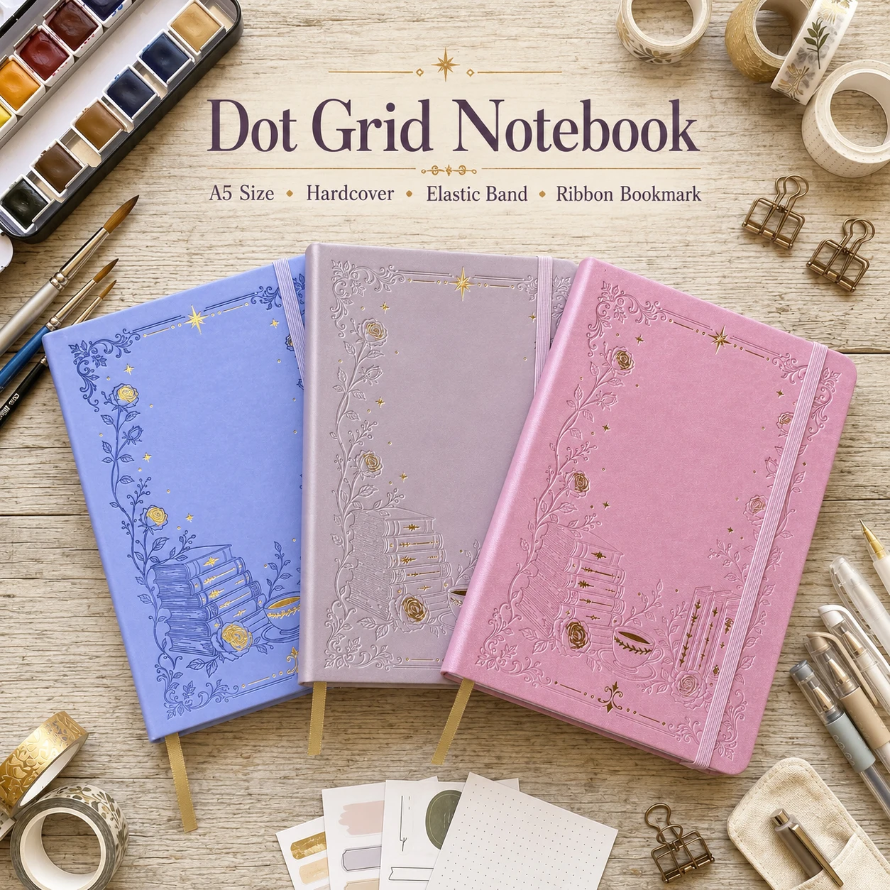 

BUKE A5 Dot Grid Notebook PU Leather Cover Hardcover Floral Embossed Tea Cup Books Elegant Handwriting Journal