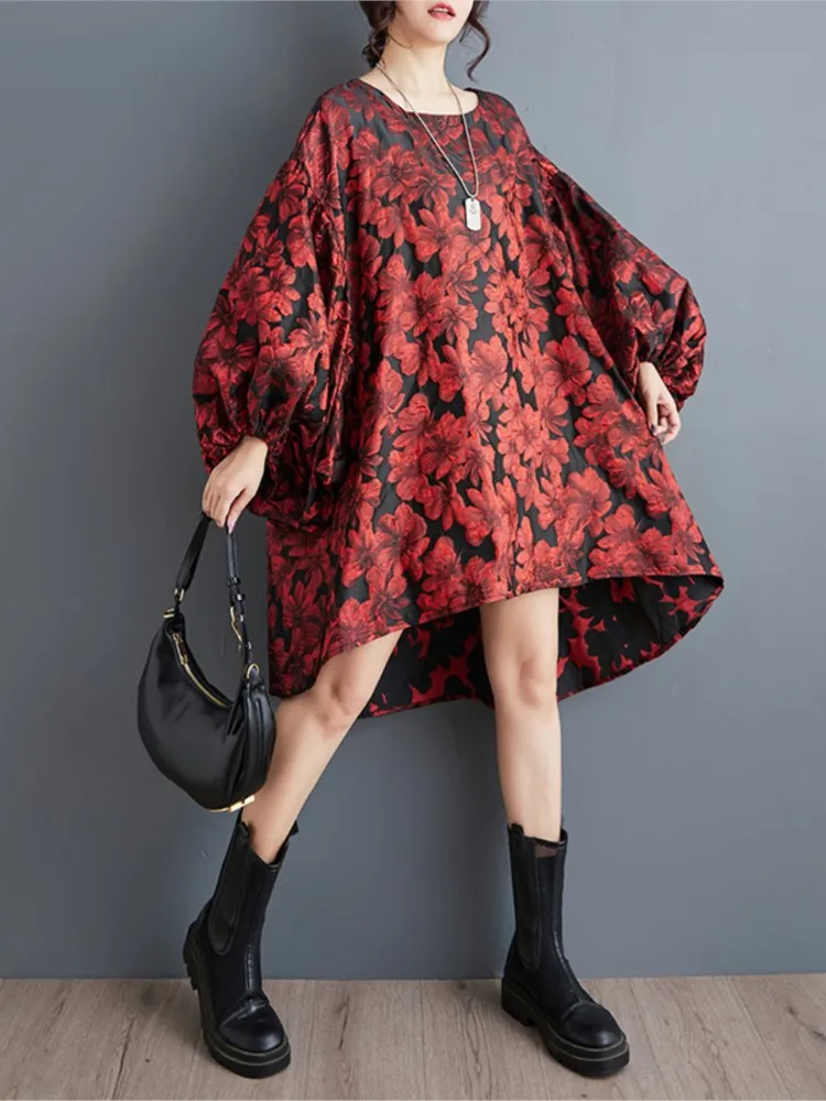 Oversized Autumn Mini Dress Women Flower Floral Fashion Irregular Pleated Ladies Dresses Loose Lantern Long Sleeve Woman Dress