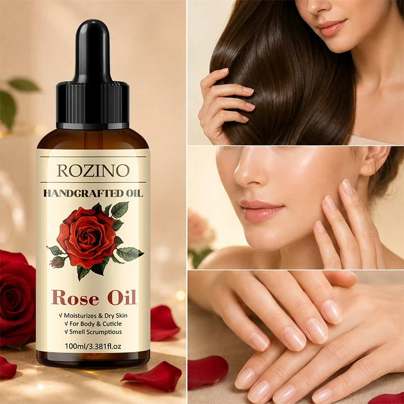 Rozino Rose Essential Oil for Skin and Hair Care - Hypoallergenic Formula Suitable for All Skin Types, Deeply Moisturizing and Nourishing, Universal Oil for Face and Body, Suitable for Dry, Oily, and Acne-Prone Skin, Also Can Be Used for Massage, Nail and Eyelash Care