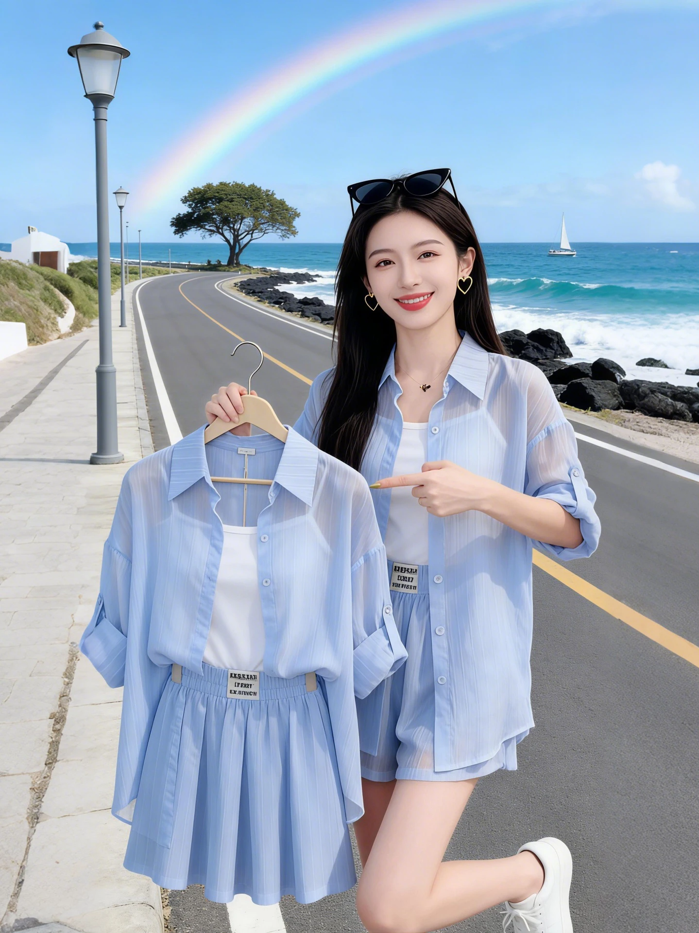 

Летний стильный комплект для женщин: синяя рубашка с защитой от солнца и короткие брюки, повседневный модный антисолнцезащитный костюм для работы.