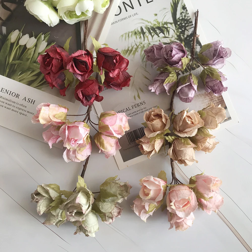 European retro rayon tea rose flower bud bouquet wedding home retro fake flower party DIY decoration purple artificial flowers